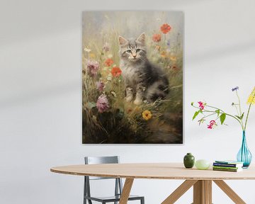 Striped Kitten in Colourful Field of Flowers by Emil Husstege
