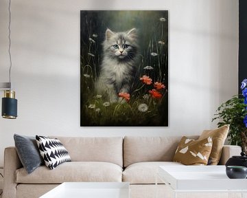 Grijs-Witte Kitten tussen Rode en Witte Bloemen van Emil Husstege