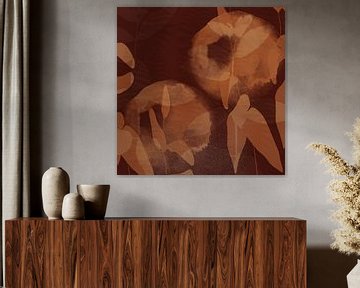 Bloemen en bladeren in terracotta op bruin. Abstracte botanische kunst. van Dina Dankers