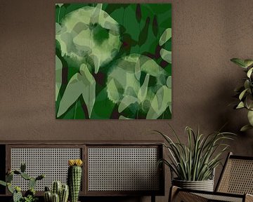 Bloemen en bladeren in groen. Abstracte botanische kunst. van Dina Dankers