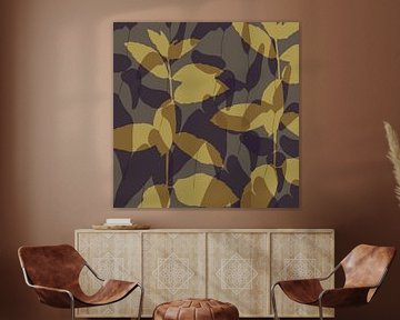 Bladeren in oker en taupe. Abstracte botanische kunst. van Dina Dankers