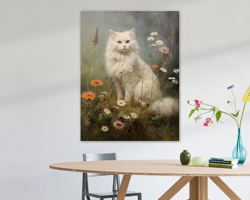 White Cat in Flower Garden by Emil Husstege