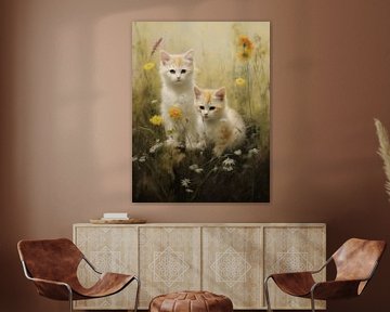 Two Young Kittens in Flower Meadow by Emil Husstege