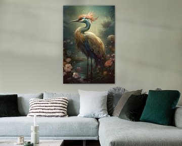 Majestic Heron in Flowery Marsh Landscape by Emil Husstege