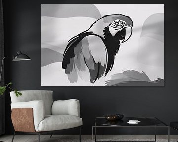 Illustration minimaliste en noir et blanc d'un perroquet sur Art & Soul Creations
