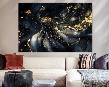 Gouden pauw op zwarte achtergrond van Art & Soul Creations