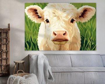 Witte koe in groen gras van Art & Soul Creations