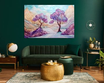 Paarse bomen in surrealistische woestijn