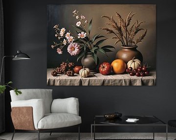 Stilleven met bloemen en pompoenen