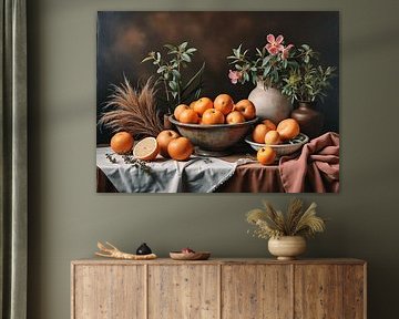 Stilleven met sinasappels en een bloem