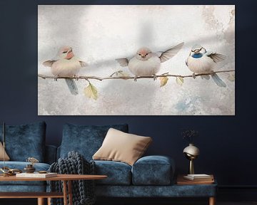 Pastelkleurig schilderij: 3 vrolijke vogeltjes op een tak van Studio Pieternel
