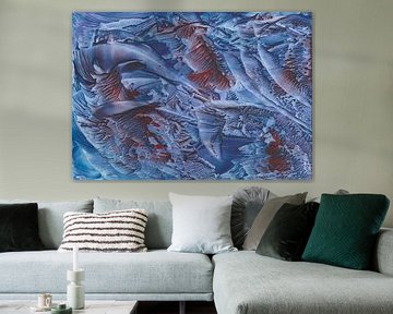 Abstract encaustisch schilderij met structuren in blauw en rood