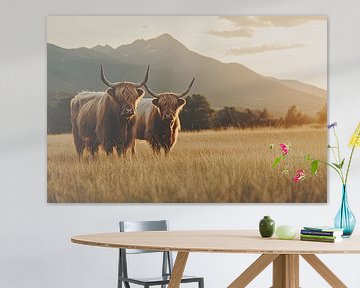 Schotse Hooglanders bij zonsondergang van Art & Soul Creations