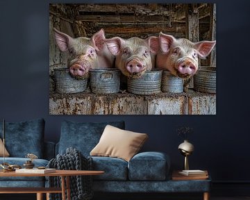Drie varkens in voederbakken van Art & Soul Creations