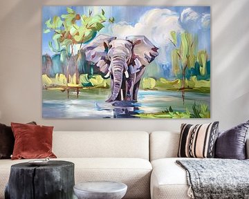 Olifant in kleurrijke natuur