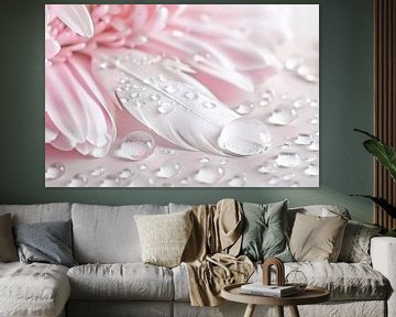 Veer en dauwdruppels met roze bloem van Imperial Art House