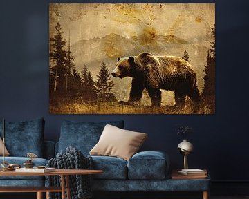 Walking bear in sepia forest landscape