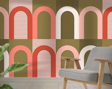 Mid-century Bauhaus arch shapes in gold pink peach
