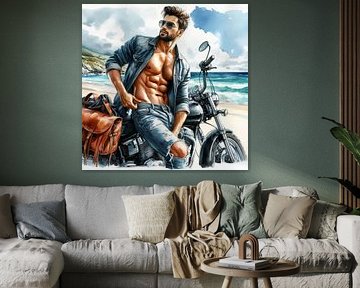 Homme avec sa moto sur la plage sur Bernhard Karssies