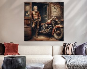 Homme âgé avec une moto devant un bar sur Bernhard Karssies