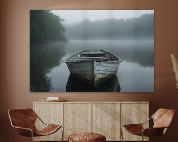 Old wooden boat in fog by Art & Soul Creations