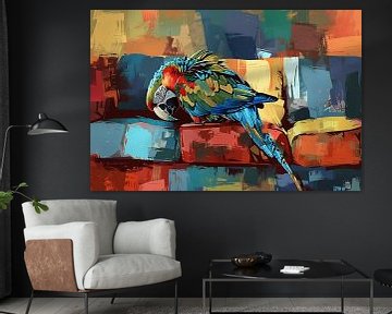 Colourful parrot on abstract bench by Imperial Art House