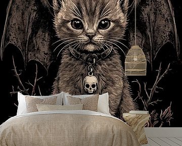 Gotische kat met vleermuisvleugels en doodshoofd hanger van Pixelbull Design