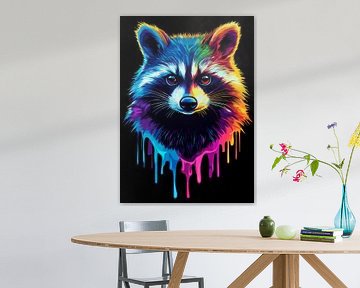 Kleurrijke wasbeer: abstract portret met regenboogeffect van Pixelbull Design