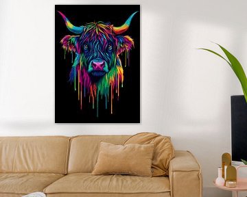 Kleurrijk hooglandvee in moderne pop-artstijl met druppeleffect van Pixelbull Design