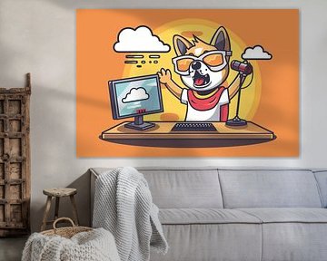 Dog behind computer with microphone