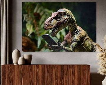 Dinosaurus bedient smartphone in modern tafereel van Imperial Art House