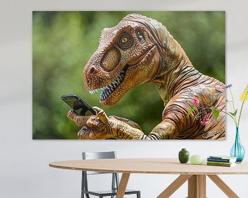 Dinosaur met smartphone in futuristische wereld van Imperial Art House