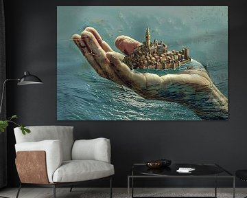 City carried by a giant hand by Imperial Art House