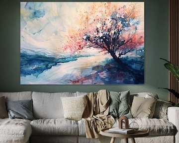 Arbre à fleurs dans un paysage aquarelle serein