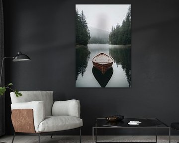 Rowing boat on foggy lake by Art & Soul Creations
