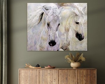 Witte paarden, kunstdruk van origineel schilderij van JOARTCOLOGNE