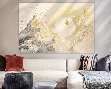 Stille kracht van bergen en vogels met gouden details van Digitale Schilderijen