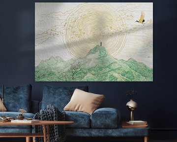 Green mountains with gold circles in classic ink style by Digitale Schilderijen