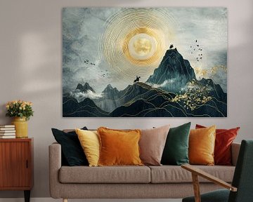 Mystieke berglandschappen in goud en inktstijl van Digitale Schilderijen