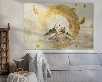 Elegantie van bergen in gouden lijnen en rijstpapier van Digitale Schilderijen