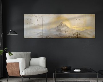 Traditioneel berglandschap met gouden afwerking en symbool van balans van Digitale Schilderijen