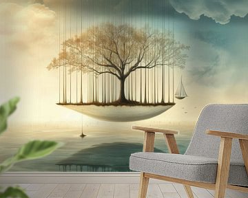 Dromenvlucht - Boom en Zeilboot in Surrealistisch Landschap van Eva Lee