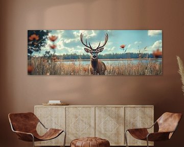 Deer surrounded by wildflowers at the edge of a lake by Digitale Schilderijen
