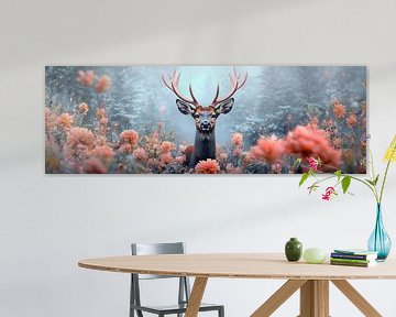 Hert omringd door bloemen in een sprookjesachtig bos van Digitale Schilderijen