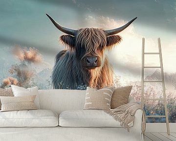 Veld vol bloemen en een nieuwsgierige hooglander van Digitale Schilderijen