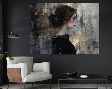 Elegant Woman by Abstract Painting