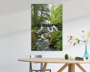 Kleine waterval in het bos met mos op stenen