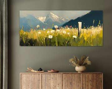 Berglandschap bloemenveld van Poster Art Shop