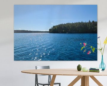 Lake in Sweden with white clouds, blue water and trees on the shore by Martin Köbsch