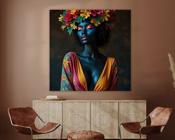 Portret van een mooie donkere vrouw met felle kleuren